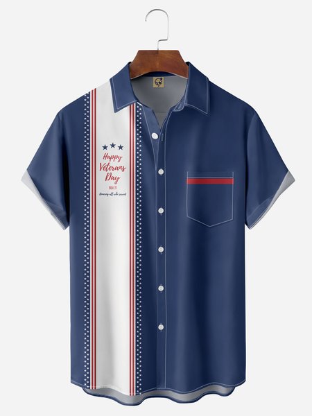 

Veterans Chest Pocket Short Sleeve Bowling Shirt, Blue, Men Shirts
