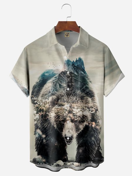 

Bear Chest Pocket Short Sleeve Hawaiian Shirt, Gray, Men Shirts