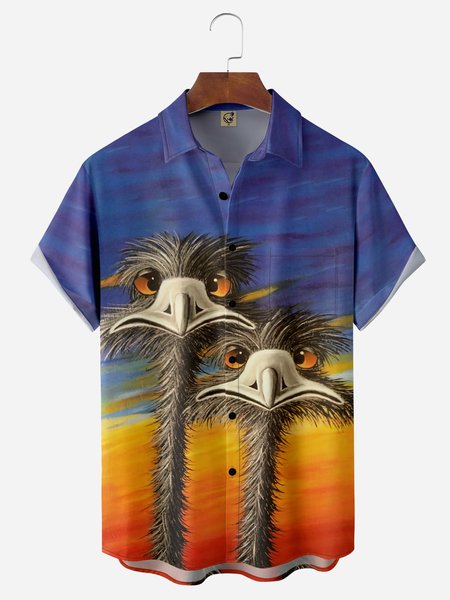 

Ostrich Chest Pocket Short Sleeve Casual Shirt, Blue, Men Shirts