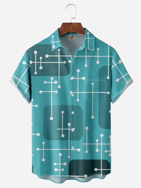 

Mid Century Geometry Chest Pocket Short Sleeve Shirt, Blue, Men Shirts