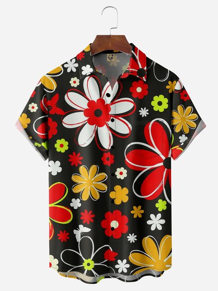 

Floral Chest Pocket Short Sleeves Hawaiian Shirt, Black, Men Shirts