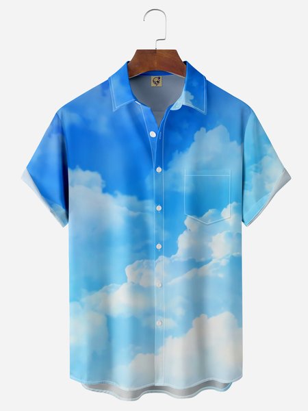 

Sky Clouds Chest Pocket Short Sleeve Hawaiian Shirt, Blue, Men Shirts