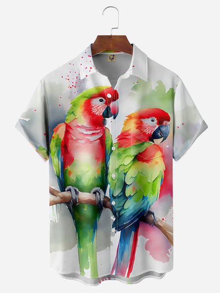

Parrots Chest Pocket Short Sleeve Hawaiian Shirt, White, Men Shirts