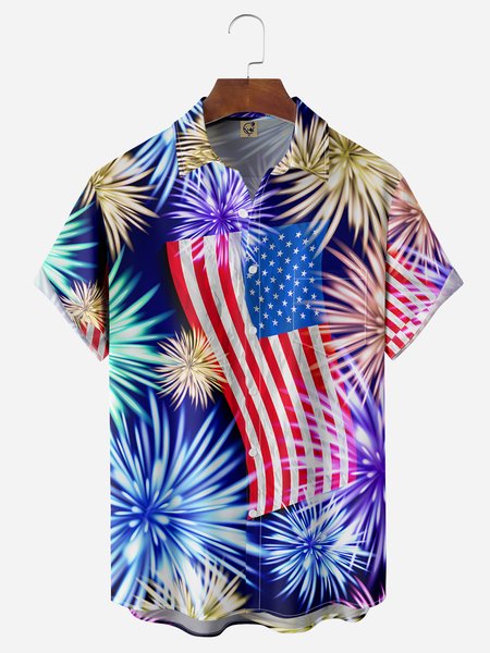 

Indepndence Day Flag Chest Pocket Short Sleeve Shirt, Blue, Men Shirts