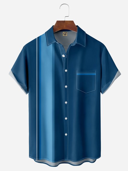 

Basic Chest Pocket Short Sleeve Bowling Shirt, Blue, Men Shirts