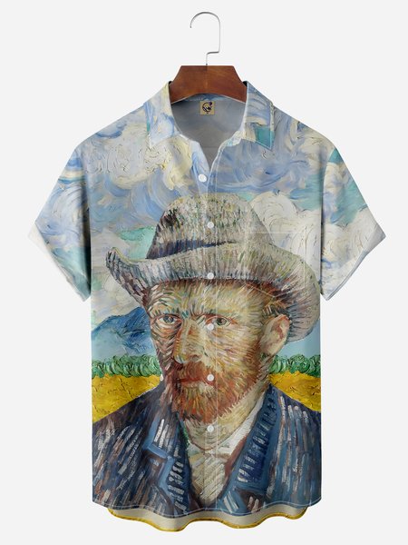 

Van Gogh Self Portrait Chest Pocket Short Sleeve Shirt, Blue, Men Shirts