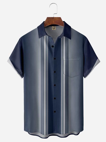 

Gradient Stripe Chest Pocket Short Sleeve Bowling Shirt, Blue, Men Shirts