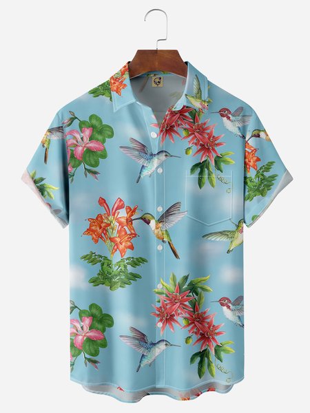 

Hummingbird Festival Chest Pocket Short Sleeve Casual Shirt, Cyan, Men Shirts