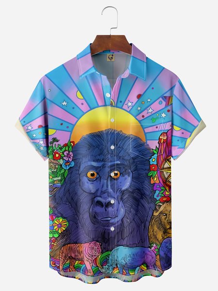 

Hippies Chimpanzee Chest Pocket Short Sleeve Casual Shirt, Blue, Men Shirts