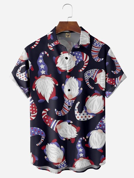 

American Flag Gnome Chest Pocket Short Sleeve Casual Shirt, Black, Men Shirts