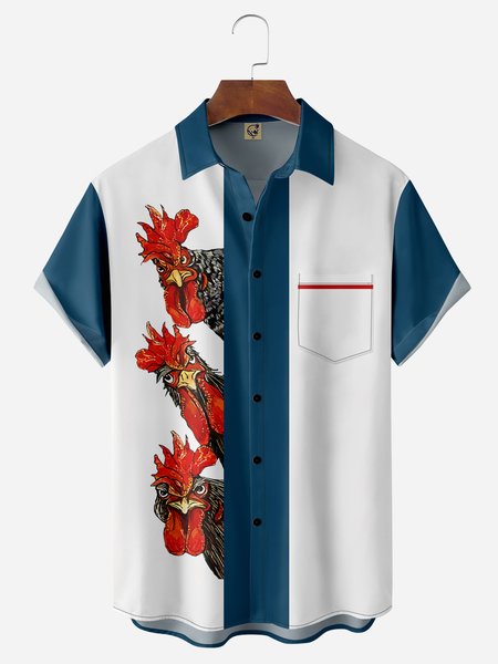 

Fun Rooster Chest Pocket Short Sleeve Bowling Shirt, Cyan, Men Shirts