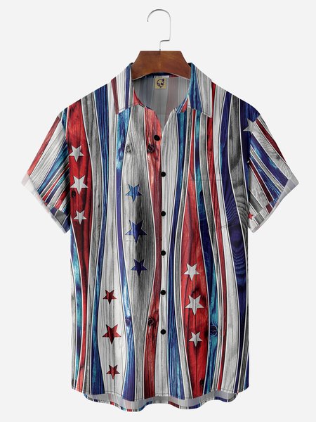 

American Flag Striped Chest Pocket Short Sleeve Casual Shirt, Blue, Men Shirts