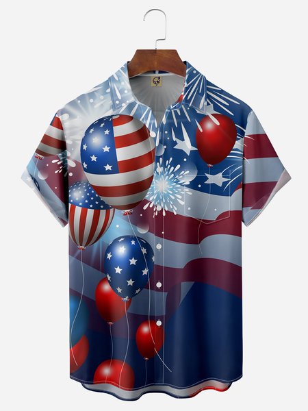 

American Flag Balloon Chest Pocket Short Sleeve Casual Shirt, Blue, Men Shirts