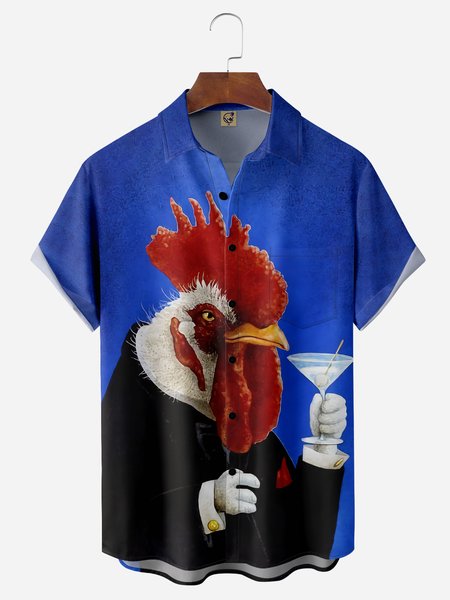 

Rooster Painting Chest Pocket Short Sleeve Casual Shirt, Blue, Men Shirts