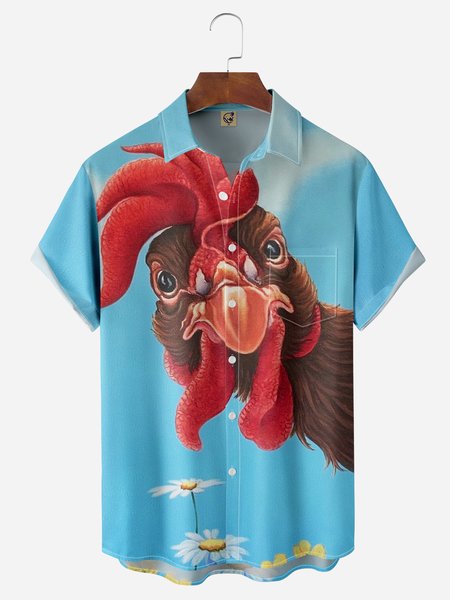 

Rooster Chest Pocket Short Sleeve Casual Shirt, Blue, Men Shirts