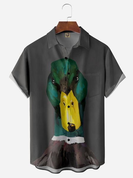 

Fun Duck Chest Pocket Short Sleeve Casual Shirt, Gray, Men Shirts