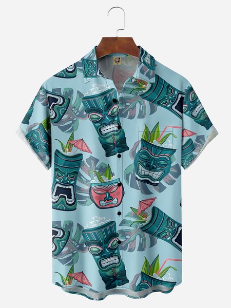 

Tiki Chest Pocket Short Sleeve Hawaiian Shirt, Blue, Men Shirts