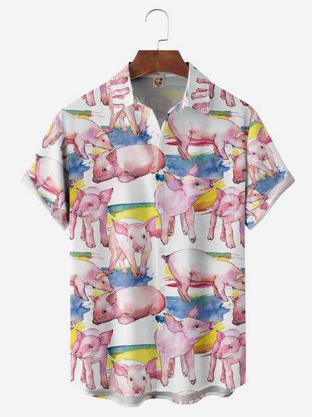 

Animal Pig Chest Pocket Short Sleeve Casual Shirt, White, Men Shirts