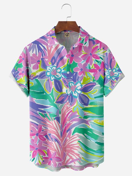 

Floral Chest Pocket Short Sleeve Hawaiian Shirt, Pink, Men Shirts