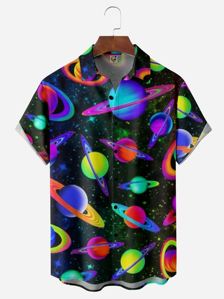 

Galaxy Planets Chest Pocket Short Sleeve Casual Shirt, Black, Men Shirts