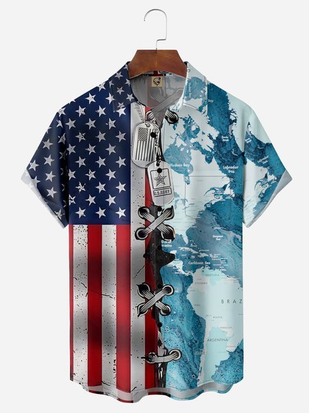 

Flag Map Chest Pocket Short Sleeves Casual Shirts, Blue, Men Shirts