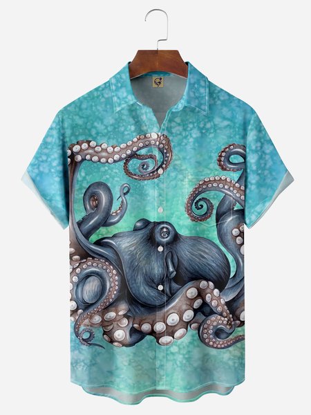 

Octopus Chest Pocket Short Sleeve Hawaiian Shirt, Blue, Men Shirts