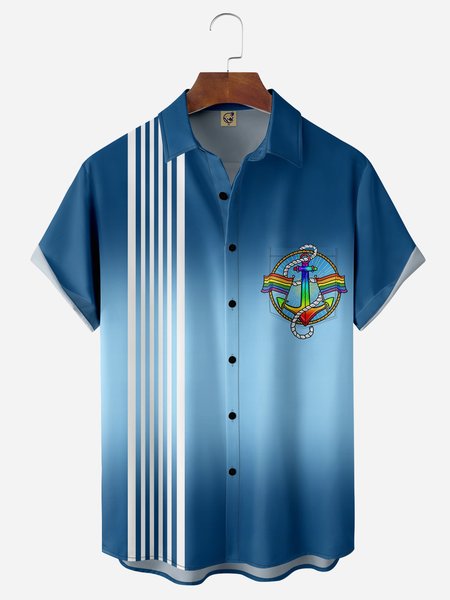 

Anchor Stripe Gradient Chest Pocket Short Sleeves Bowling Shirt, Blue, Men Shirts
