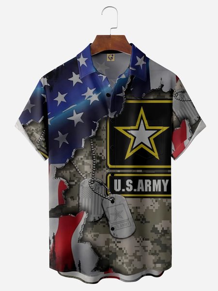 

Flag Chest Pocket Short Sleeves Casual Shirts, Blue, Men Shirts