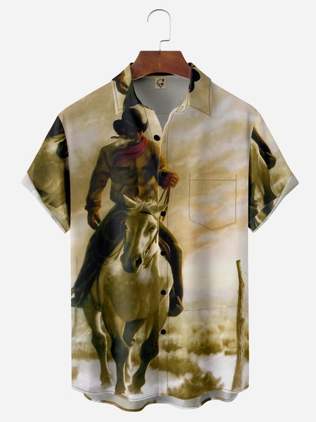 

Western Cowboy Chest Pocket Short Sleeves Casual Shirts, Khaki, Men Shirts