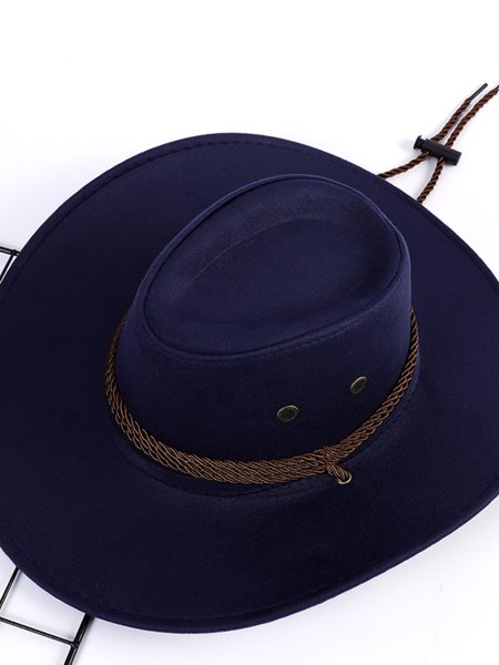

Vintage Plain Drawstring Wide Brim Hat Western Ethnic Cowboy Hat, Navyblue, Women Hats