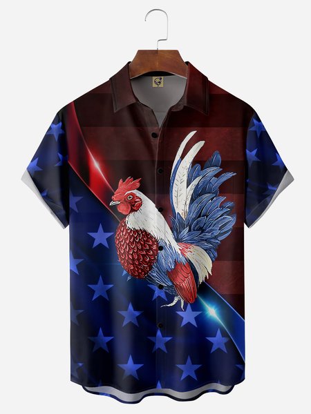 

US Flag Chicken Chest Pocket Short Sleeve Casual Shirt, Blue, Men Shirts
