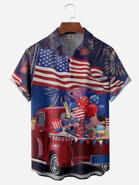 

Independence Day Flag Chest Pocket Short Sleeve Shirt, Blue, Men Shirts
