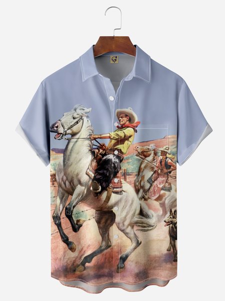 

Western Cowboy Chest Pocket Short Sleeve Casual Shirt, Blue, Men Shirts