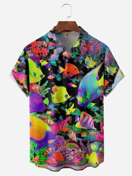 

Marine Life Chest Pocket Short Sleeve Hawaiian Shirt, Black, Men Shirts