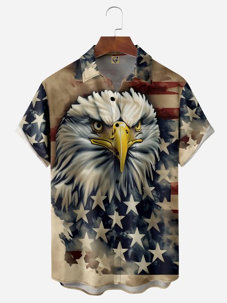 

American Flag Eagle Chest Pocket Short Sleeve Casual Shirt, Brown, Men Shirts
