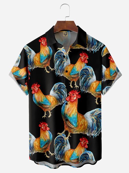 

Rooster Chest Pocket Short Sleeve Casual Shirt, Black, Men Shirts
