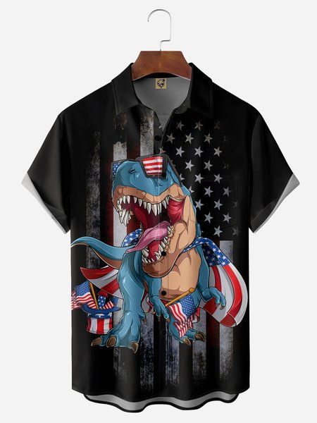 

US Flag Dinosaur Chest Pocket Short Sleeve Casual Shirt, Black, Men Shirts