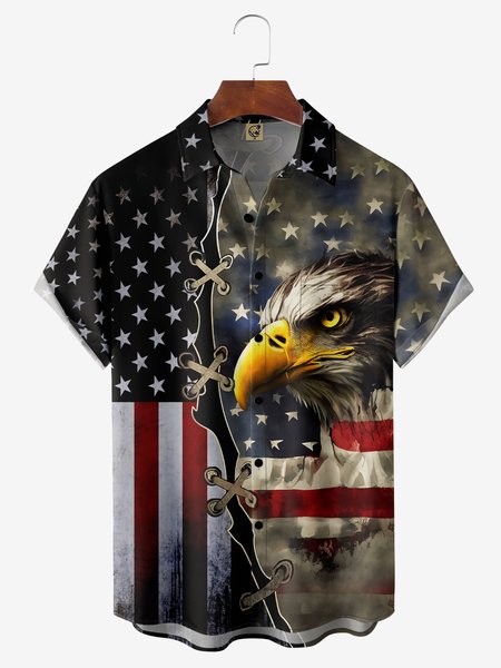 

American Flag Eagle Chest Pocket Short Sleeve Casual Shirt, Black, Men Shirts