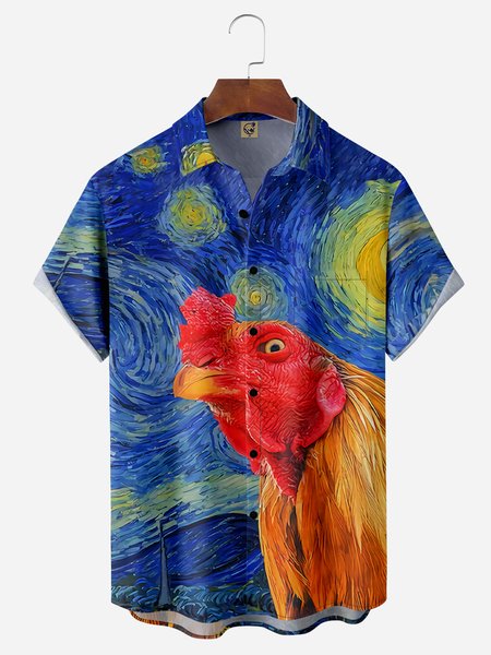 

Rooster Chest Pocket Short Sleeve Casual Shirt, Blue, Men Shirts