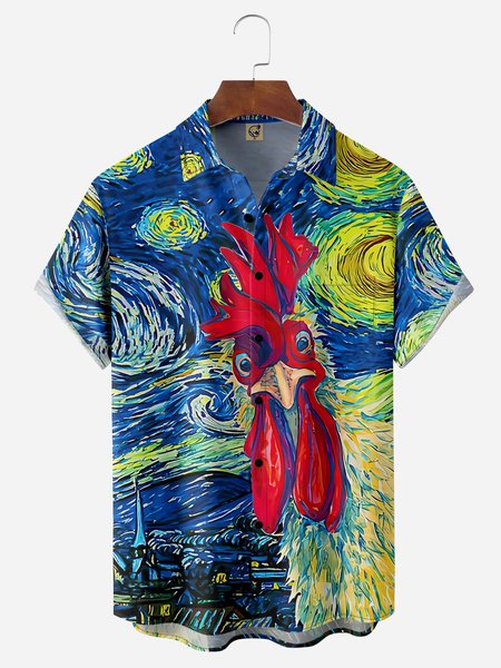 

Rooster Chest Pocket Short Sleeve Casual Shirt, Blue, Men Shirts