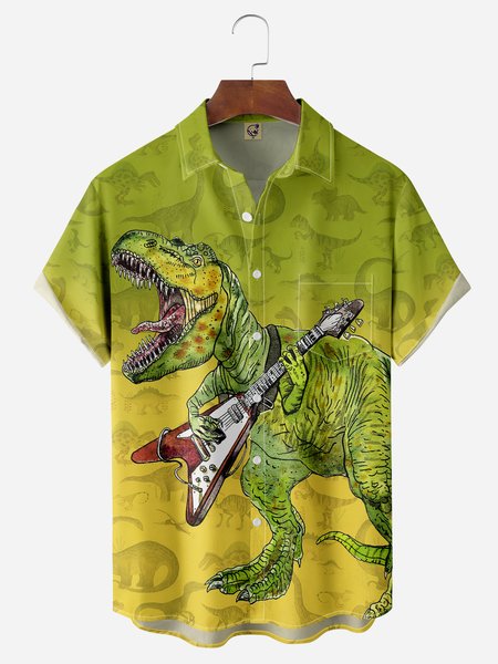 

Rock Dinosaur Chest Pocket Short Sleeve Casual Shirt, Green, Men Shirts