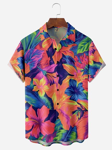 

Tropical Floral Chest Pocket Short Sleeve Hawaiian Shirt, Red, Men Shirts