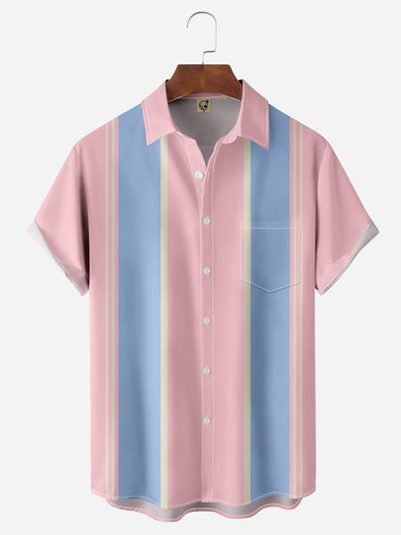 

Color Block Chest Pocket Short Sleeve Bowling Shirt, Pink, Men Shirts