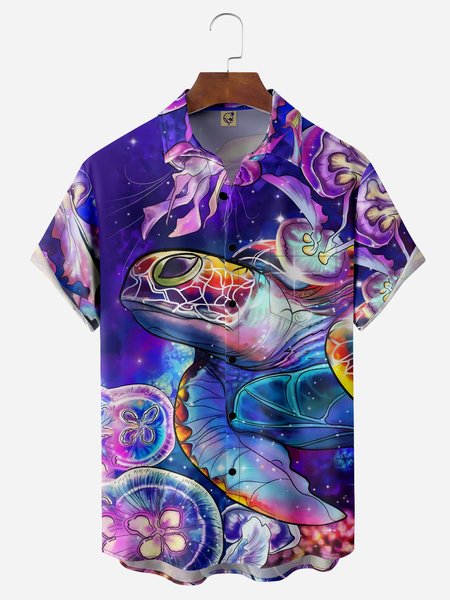 Sea Turtle Chest Pocket Short Sleeve Hawaiian Shirt, Purple, Men Shirts