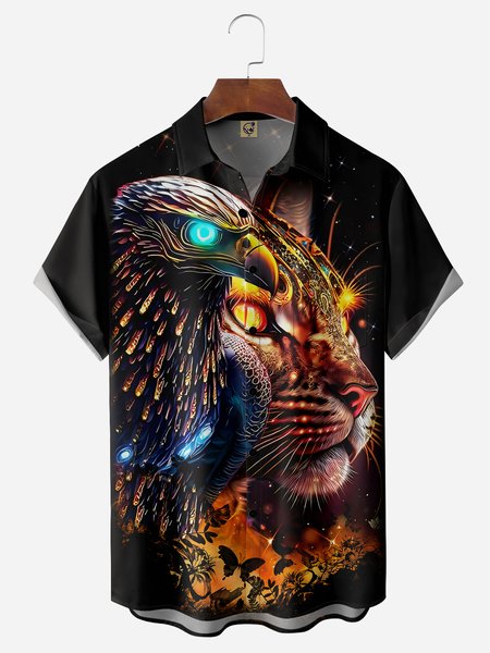 

Fierce Animal Chest Pocket Short Sleeve Casual Shirt, Black, Men Shirts