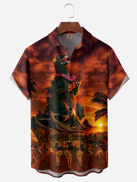 

Hula Girl Dinosaur Chest Pocket Short Sleeve Hawaiian Shirt, Red brown, Men Shirts