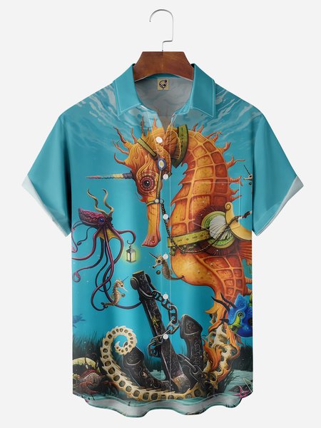 

Sea Horse Chest Pocket Short Sleeve Hawaiian Shirt, Blue, Men Shirts
