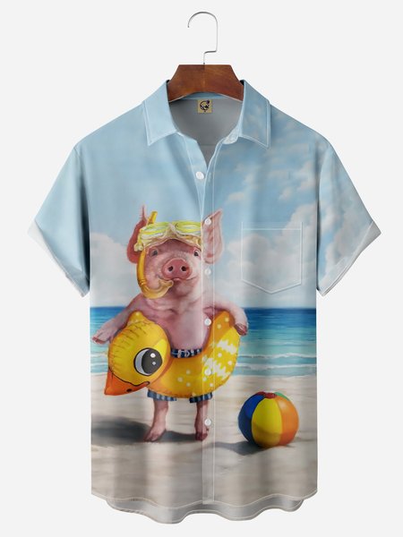 

Swimming Pig Chest Pocket Short Sleeve Hawaiian Shirt, Blue, Men Shirts