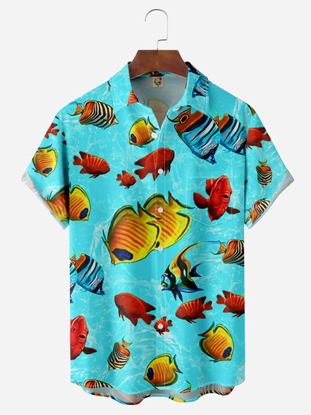 

Fishes Chest Pocket Short Sleeve Hawaiian Shirt, Cyan, Men Shirts