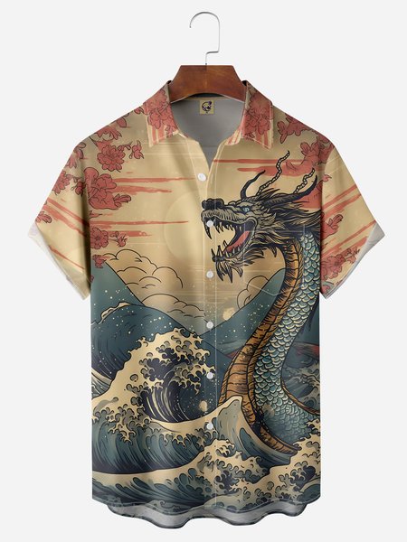 

Ukiyo-e Dragon Chest Pocket Short Sleeve Hawaiian Shirt, Blue, Men Shirts